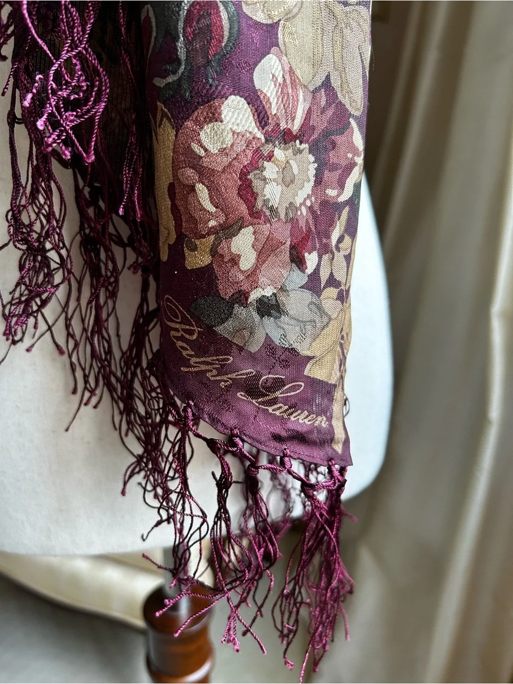 Vintage Ralph Lauren Burgundy Silk Jacquard Floral Silk Scarf with Silk Fringe